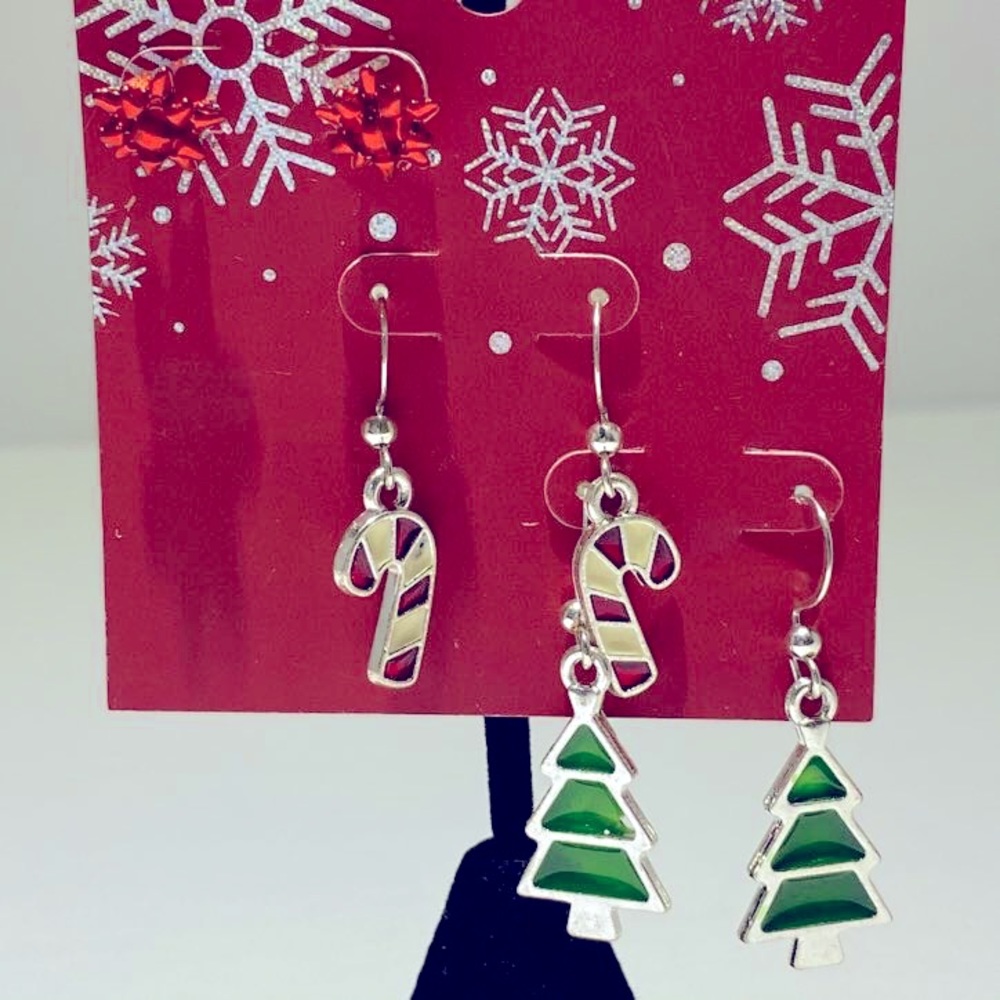 Christmas Tree Bow Candycane Set of 3 Earrings Winter Wonderland Gift